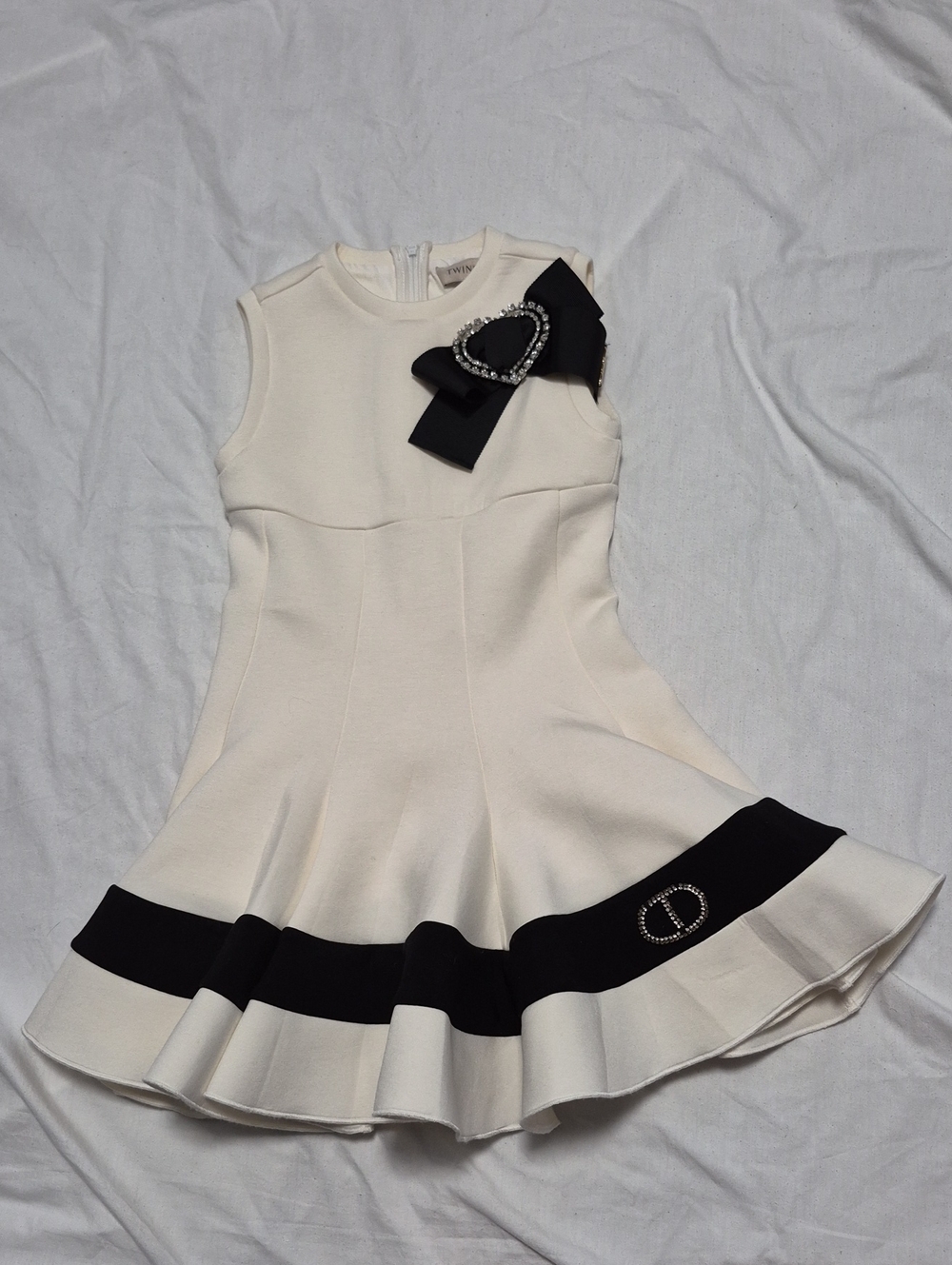 Girls Twin-Set Milano Scuba Dress Cream Dress with Rhinestone and Trim 5